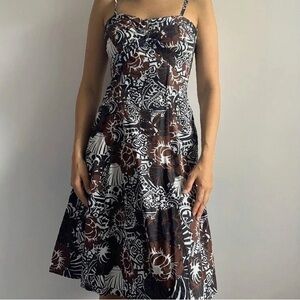 brown and white print mini slip dress